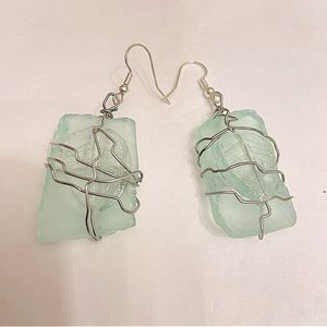 Women’s Artisan Sea Glass Aqua Blue Wire Wrapped Dangle Earrings.